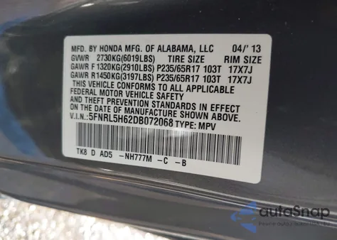 2013 Honda Odyssey Ex-L z USA, uszkodzony, nr VIN 5FNRL5H62DB072068
